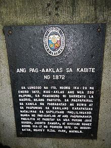 A historical marker in Cavite City with short summary of what happened during the Cavite Mutiny of 1872.