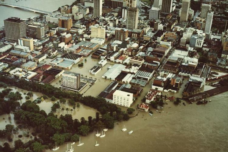 An aerial photograph showing the buildings in the Brisbane CBD that became islands and the Botanical Gardens (bottom-left) was turned into a lake during the devastating 1974 Brisbane floods.