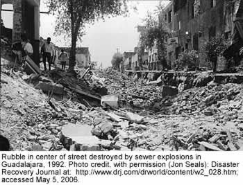 A wrecked road in Guadalajara city destroyed by numerous gasoline explosions in the sewer system