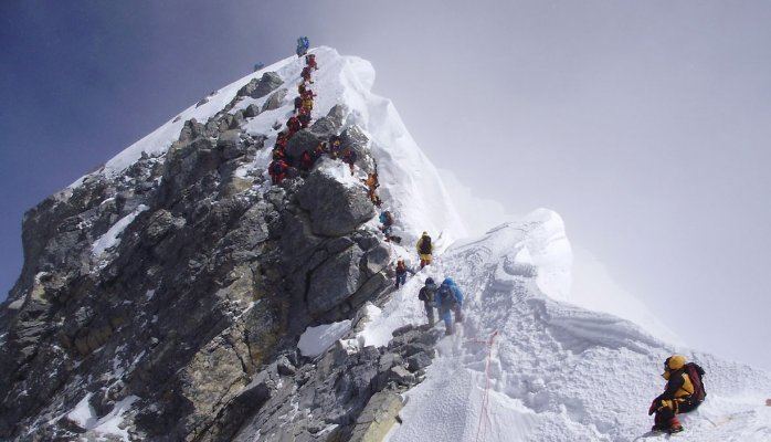 Mountaineers climbing the Hillary Step of Mount Everest on 19 May 2009.