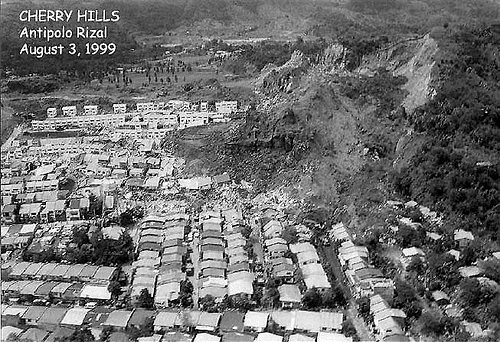 Aerial view of Cherry Hills Subdivision threatened by the landslide in Antipolo Rizal, Philippines on August 3, 1999.