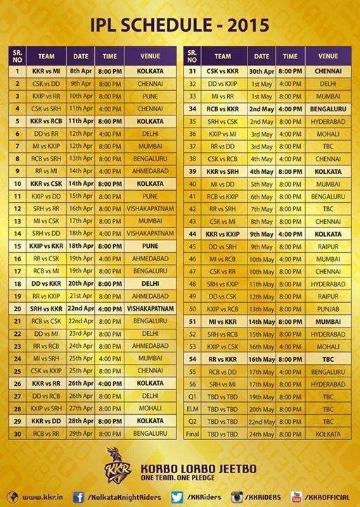 2015 Indian Premier League IPL 2015 Schedule Indian Premier League T20 IPL 8 2015 Schedule