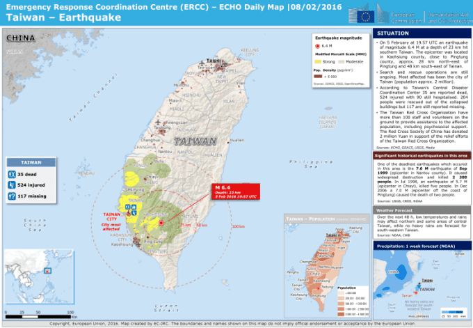 2016 Taiwan earthquake Taiwan Earthquake ECHO Daily Map 08022016 China Taiwan