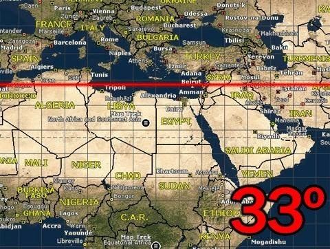 Map showing the 33rd Parallel North, a circle of latitude that is 33 degrees north of the Earth's equatorial plane.