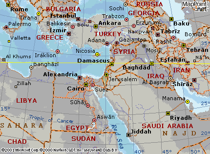 Map of the Middle East showing the 33rd Parallel North