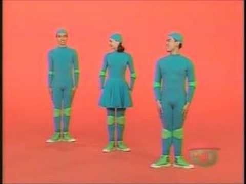 Casts of 4 Square, a Canadian television show for kids, wearing all blue outfits and green shoes.