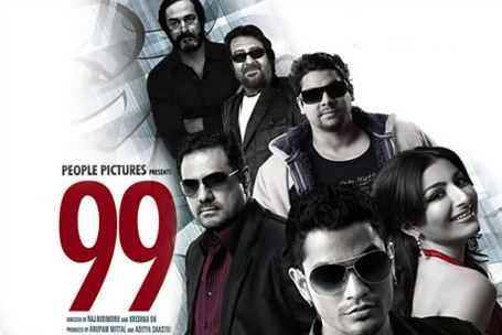 Movie poster of 99, a 2009 Indian Hindi-language crime-comedy film starring Kunal Khemu, Soha Ali Khan, Boman Irani, Cyrus Broacha, Vinod Khanna and Mahesh Manjrekar (from front to back).