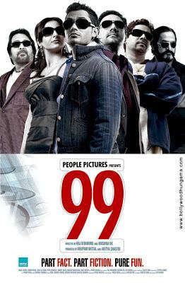 Movie poster of 99, a 2009 Indian Hindi-language crime-comedy film starring Vinod Khanna, Soha Ali Khan, Kunal Khemu, Boman Irani, Cyrus Broacha, and Mahesh Manjrekar (from left to right).
