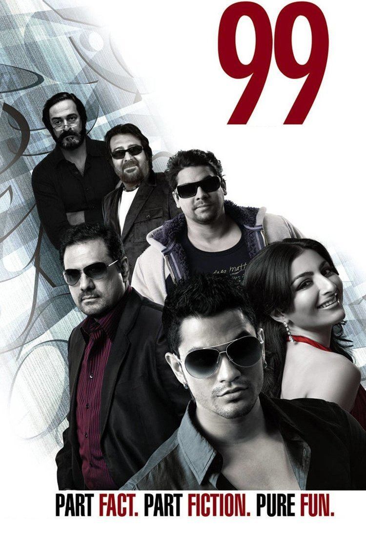 Movie poster of 99, a 2009 Indian Hindi-language crime-comedy film starring Kunal Khemu, Soha Ali Khan, Boman Irani, Cyrus Broacha, Vinod Khanna and Mahesh Manjrekar (from front to back).