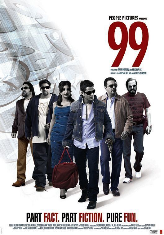 Movie poster of 99, a 2009 Indian Hindi-language crime-comedy film starring " Vinod Khanna, Cyrus Broacha, Soha Ali Khan, Kunal Khemu, Boman Irani, and Mahesh Manjrekar (from left to right).