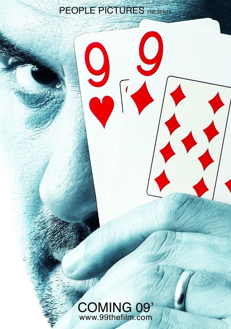 Movie poster of 99, a 2009 Indian Hindi-language crime-comedy film starring Kunal Khemu as Sachin with a serious face while holding playing cards and with beard and mustache.