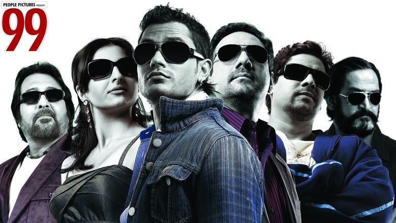 Movie poster of 99, a 2009 Indian Hindi-language crime-comedy film starring Vinod Khanna, Soha Ali Khan, Kunal Khemu, Boman Irani, Cyrus Broacha, and Mahesh Manjrekar (from left to right).