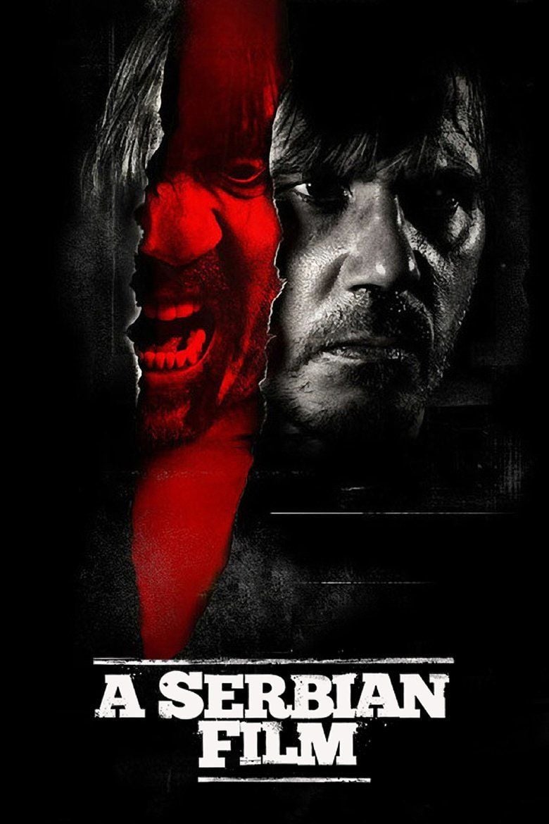 In the movie poster of A Serbian Film 2010, on the left Srđan Todorović is angry, looking down mouth open has a mustache and beard with black hair tinted in red in a tore up effect, at the right, Srđan Todorović is serious, has a beard and mustache, black hair with bangs in black and white.