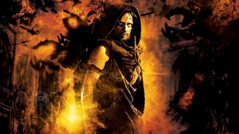 Sonu Sood with a fierce look and wearing a black hooded dress in the 2009 Indian Telugu-language horror fantasy film, Arundhati