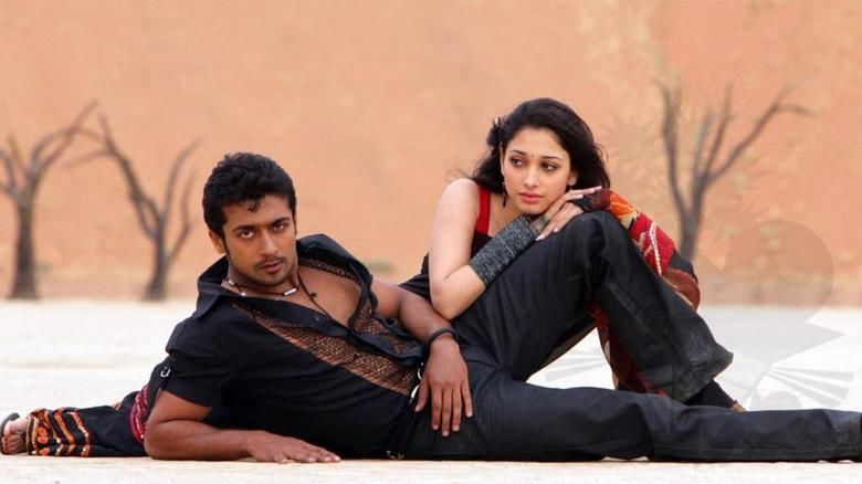 Suriya as Devaraj Velusamy and Tamannaah as Yamuna in their movie "Ayan".