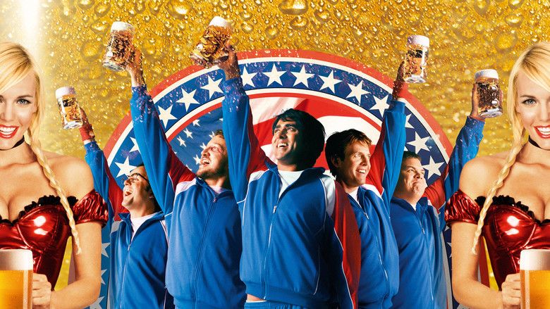 Jay Chandrasekhar, Kevin Heffernan, Steve Lemme, Paul Soter, and Erik Stolhanske holding a glass of beer, and the two women on the side in the movie poster of Beerfest, 2006