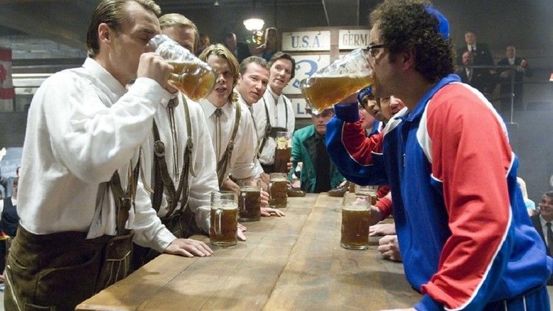 Ralf Moeller, Philippe Brenninkmeyer, Nat Faxon, Will Forte, Steve Lemme, Eric Christian Olsen, and Gunter Schlierkamp drinking beer in a scene from the 2006 film Beerfest