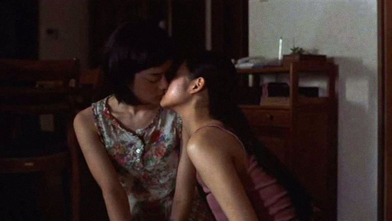 Mikako Ichikawa	as Kayako Kirishima and Manami Konishi as Masami Endo kissing scene from Blue, a 2002 Japanese romantic drama.
