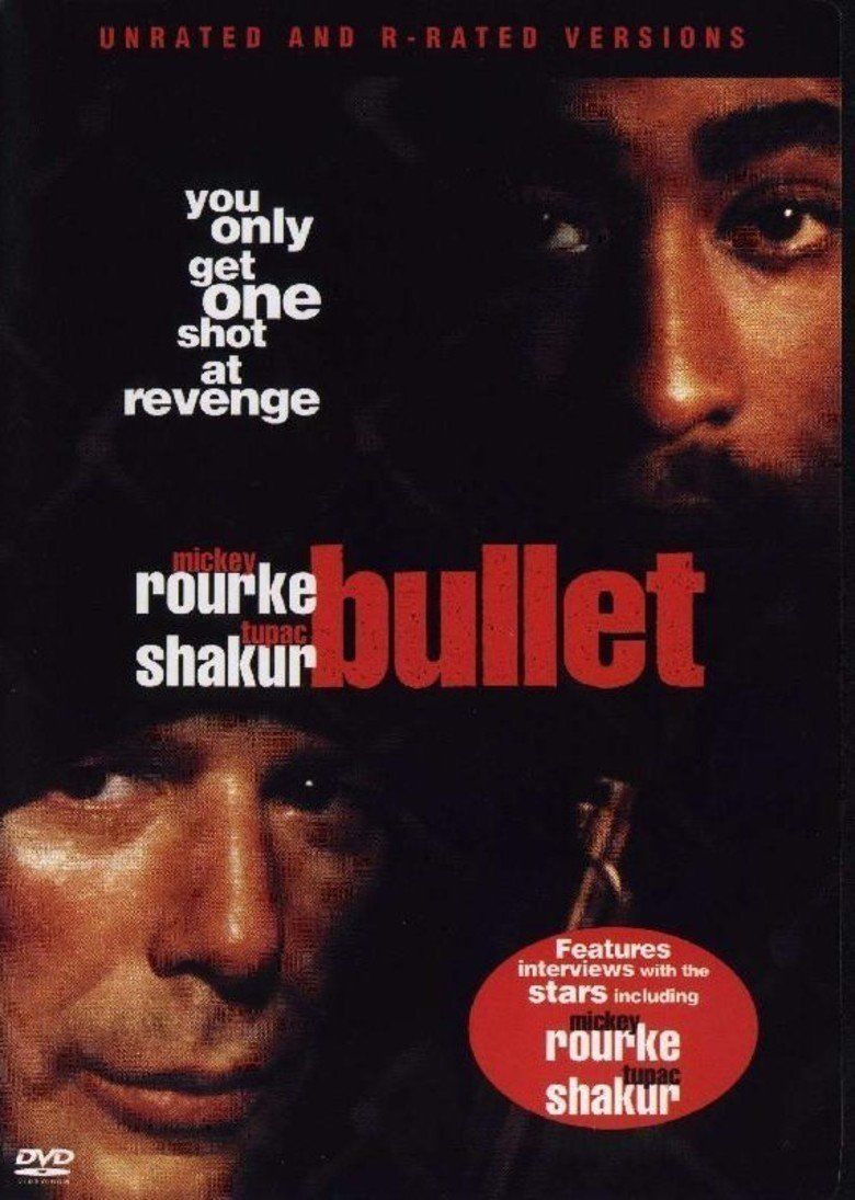 A poster of the 1996 film "Bullet" starring  Mickey Rourke as Stein and Tupac Shakur as Tank