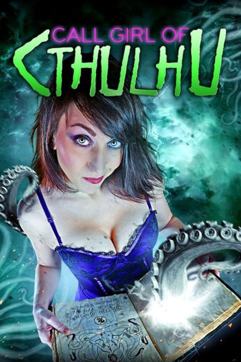 Melissa O'Brien smiling while holding a book and wearing blue lingerie in a movie poster of Call Girl of Cthulhu (2014 film)