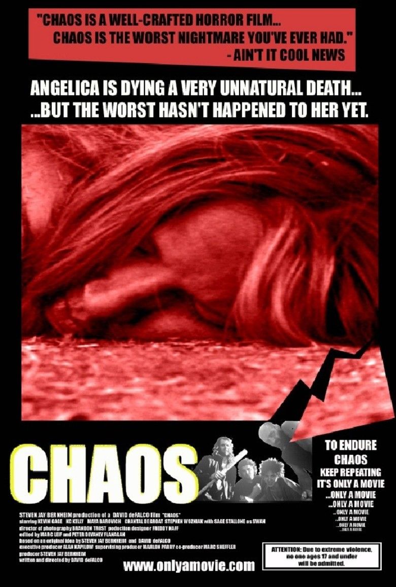 A poster of the movie "Chaos" (2005 Dominion film) starring Maya Barovich as Angelica lying on the ground