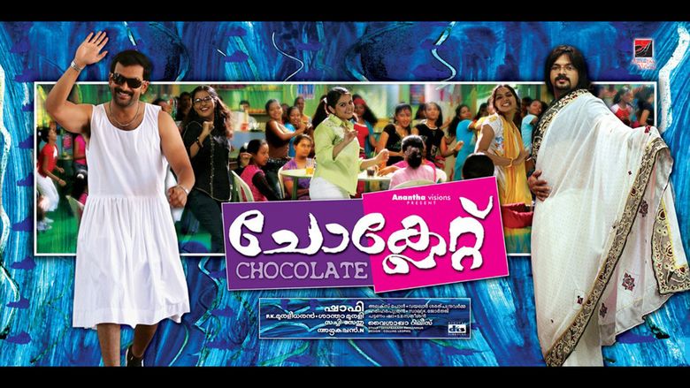 Poster of Chocolate, a Malayalam movie released in 2007 directed by Shafi starring Prithviraj, Jayasurya, Roma, Samvrutha Sunil, and Remya Nabeeshan as main actors.
