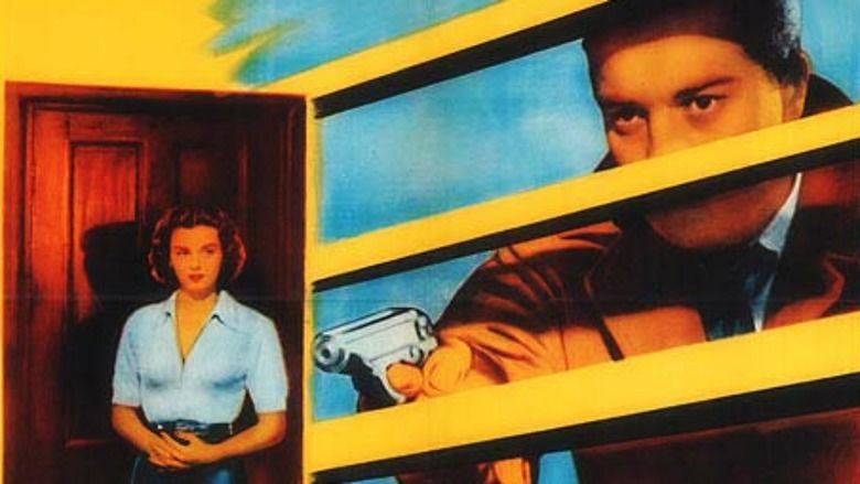 Sydney Chaplin as Mike Nelson holding a gun and Audrey Dalton as Louise Nelson wearing blue clothes on the poster of Confession, 1955.