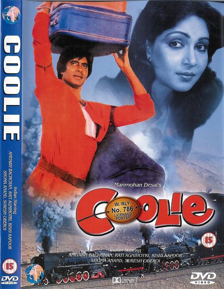 A movie poster of the 1983 film "Coolie" featuring Amitabh Bachchan  as Iqbal Khan and Rati Agnihotri as Julie D'Costa