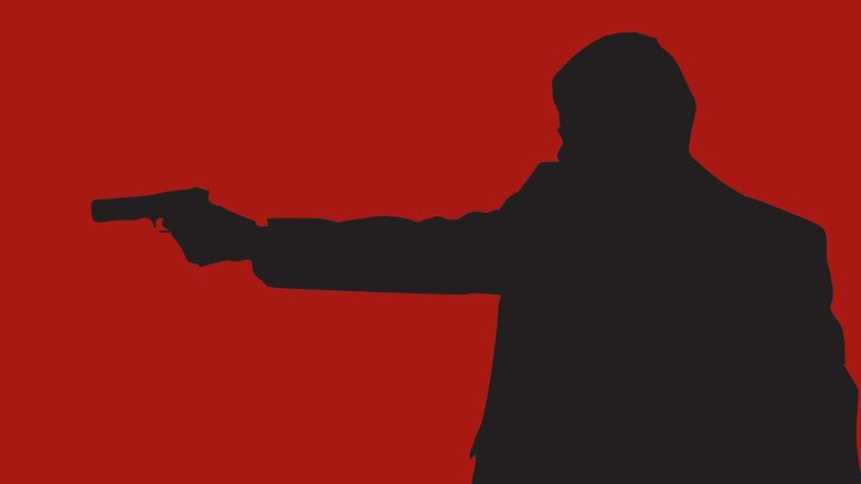 A shadow of a man pointing a gun to the left with a red background