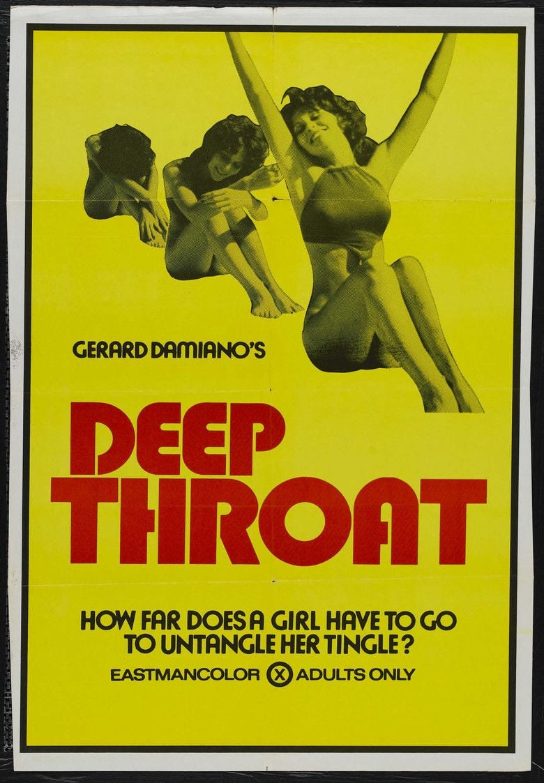 The theatrical release poster of the 1972 American pornographic film  "Deep Throat". Linda Boreman sitting on the floor with her head down and knees up  (left), slowly turning up her head (center), and smiling while raising her arms (right) and wearing a halter top