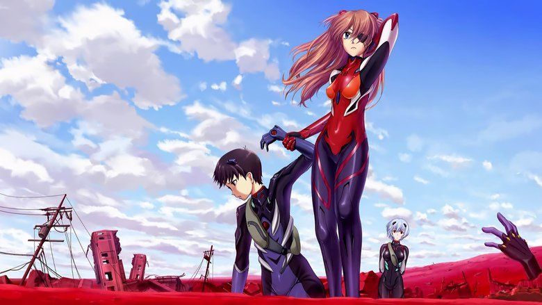 In the movie scene Evangelion: 30 You Can (Not) Redo (2012), a bloody red city ruins with buildings, utility poles and a left hand buried at the right is seen under a cloudy sky, in the middle from left, Shinji Ikari is serious, looking down to his right, and Asuka is holding his left arm up, he has black hair wearing a black-purple with white battle suit and a dark-purple interface headset. 2nd from left, Asuka Langley Soryu is serious, standing with her right hand holding Shinji's arm up and her left hand at the back of her head, she has long brown hair wearing a red and dark purple battle suit and red interface headset. Rei Ayanami, on the right, seems solemn, standing with her hands on her back, she has short light-blue hair and wearing a dark-purple battle suit and black interface headset.