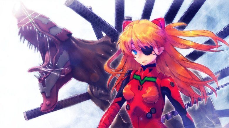On a white background, Asuka Langley is serious, standing, she has blue eyes and orange long hair wearing a red and black battle suit with a green line pattern under the neck, a black eyepatch, and a red interface headset. At the back is a red robotic dinosaur with black metal stick all over its body, roaring with its mouth wide open, a visible tongue with saliva dripping from its surface, a red flesh and metal body, a red with white metal head with sharp fangs.