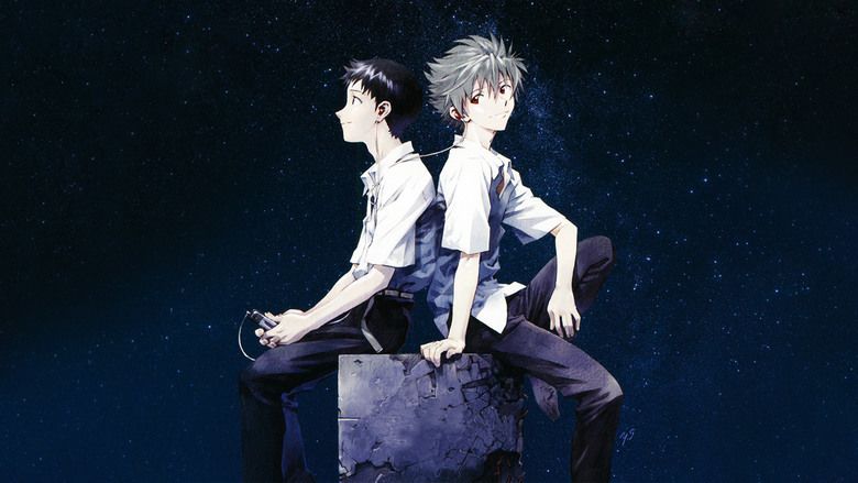 A scene from the movie Evangelion: 30 You Can't (Redo) (2012). On a dark starry night background, from left, Shinji Ikari is smiling, using his headset to listen to a device recorder he's holding while sitting on a deteriorated rock slab, he has black hair wearing a white polo, a white belt and a black pants. At the right, Kaworu Nagisa is smiling, he is listening to the other cable of the headset while sitting next to Shinji on the same slab, leaning with his right hand on the slab, his left arm resting on his left thigh, left foot up he has gray hair wearing a white polo and black pants with black shoes.