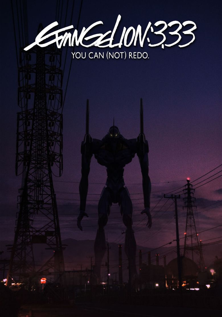 The movie poster for Evangelion: 30 You Can (Not) Redo (2012) depicts a city with large utility poles, houses, street lights, and a signal tower to the right. In the city's center is a silhouette of a giant robot with glowing eyes. It has long arms with a long spike on its shoulder, a large chest with a slim waist, and slim legs. "Evangelion::333 You Can (Not) Redo" appears in capital letters at the top.