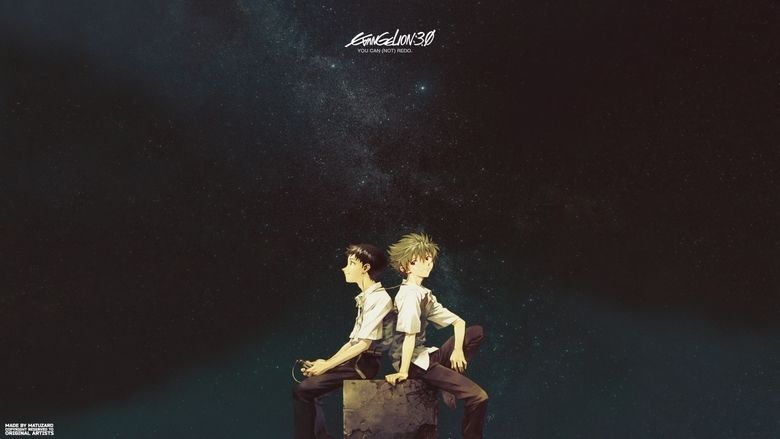 The movie poster of Evangelion: 30 You Can't (Redo) (2012). On a dark starry night background, from left, Shinji Ikari is smiling, using his headset to listen to a device recorder he's holding while sitting on a deteriorated rock slab, he has black hair wearing a white polo, a white belt and a black pants. At the right, Kaworu Nagisa is smiling, he is listening to the other cable of the headset while sitting next to Shinji on the same slab, leaning with his right hand on the slab, his left arm resting on his left thigh, left foot up, he has brown hair wearing a white polo and black pants with black shoes. "Evangelion::333 You Can (Not) Redo" appears in capital letters at the top.
