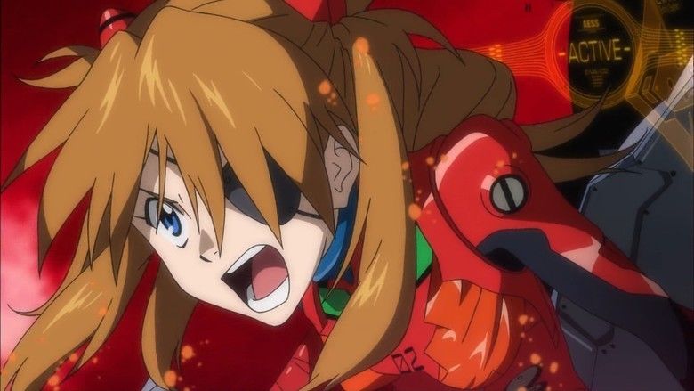 A scene from the movie Evangelion: 30 You Can't (Redo) (2012). In a red space inside the robot with a digital "active" indication on the right, Asuka Langley Soryu is enraged, her mouth wide open, she has long brown hair and blue eyes, wearing a black eyepatch at her left, a red battlesuit with a green line under the neck and a red interface headset.