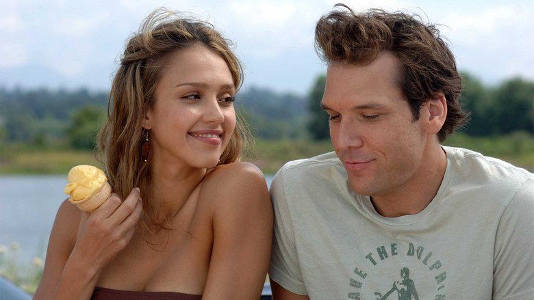 Jessica Alba smiling while looking at Dane Cook and holding an ice cream in a scene from the 2007 American comedy film, Good Luck Chuck