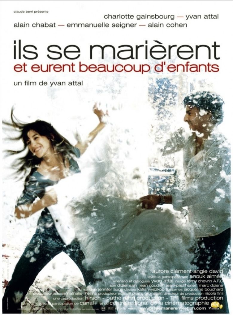 In the movie poster Happily Ever After (2004 film) French language movie poster, Charlotte Gainsbourg (left) is smiling and has long black hair, her left hand trying to protect herself from the white cotton-filled pillow and her right hand holding the white cotton-filled pillow, she is wearing a blue top and black pants. Yvan Attal (right) smiling, has black hair hitting Charlotte Gainsbourg on his left hand with a white cotton-filled pillow, wearing a wristwatch on his left hand, a white polo, and black pants.