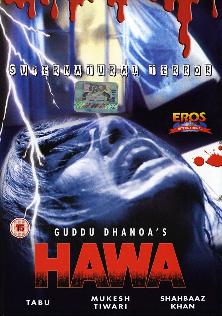 A movie poster of the 2003 Hindi horror film, "Hawa" starring Tabu as Sanja lying on something and screaming while looking at something fearfully and nervous having her hair down and an open window with white curtains and lightning in the background.