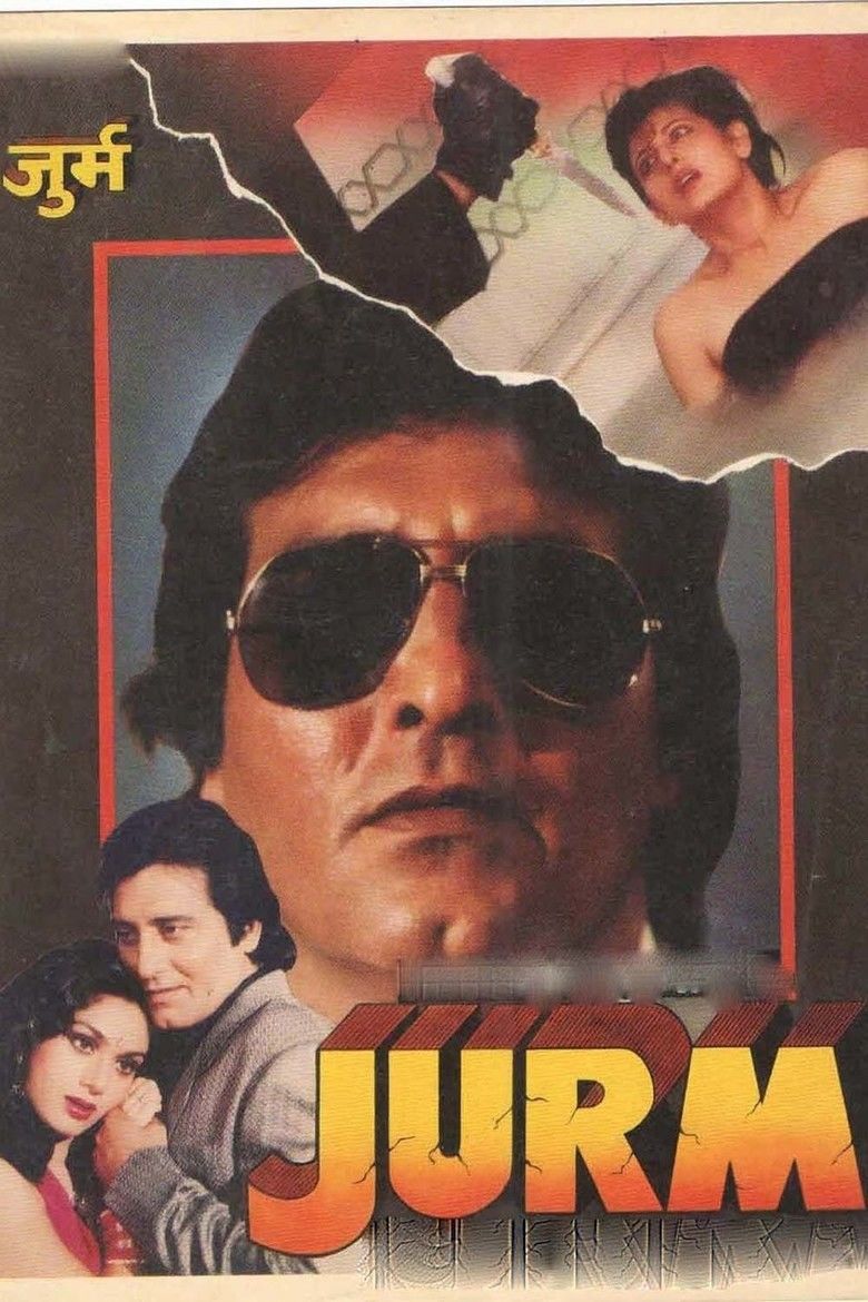 A movie poster of the 1990 film "JURM" starring Vinod Khanna as Inspector Shekhar Varma (center) with a serious face and wearing sunglasses. Sangeeta Bijlani as Geeta Sarabhai looking afraid while being pointed with a knife and wearing a black tube top in the upper right corner. Vinod and Meenakshi holding each other's hands in the bottom left corner, Vinod wearing a gray coat while Meenakshi wearing a pink sleeveless blouse