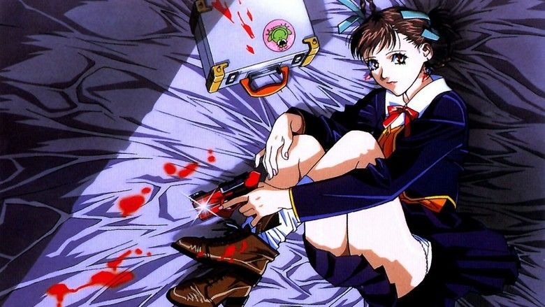 Sawa holding a gun while lying on the bed and wearing a school uniform in a scene from the 1999 Japanese original video animation, Kite
