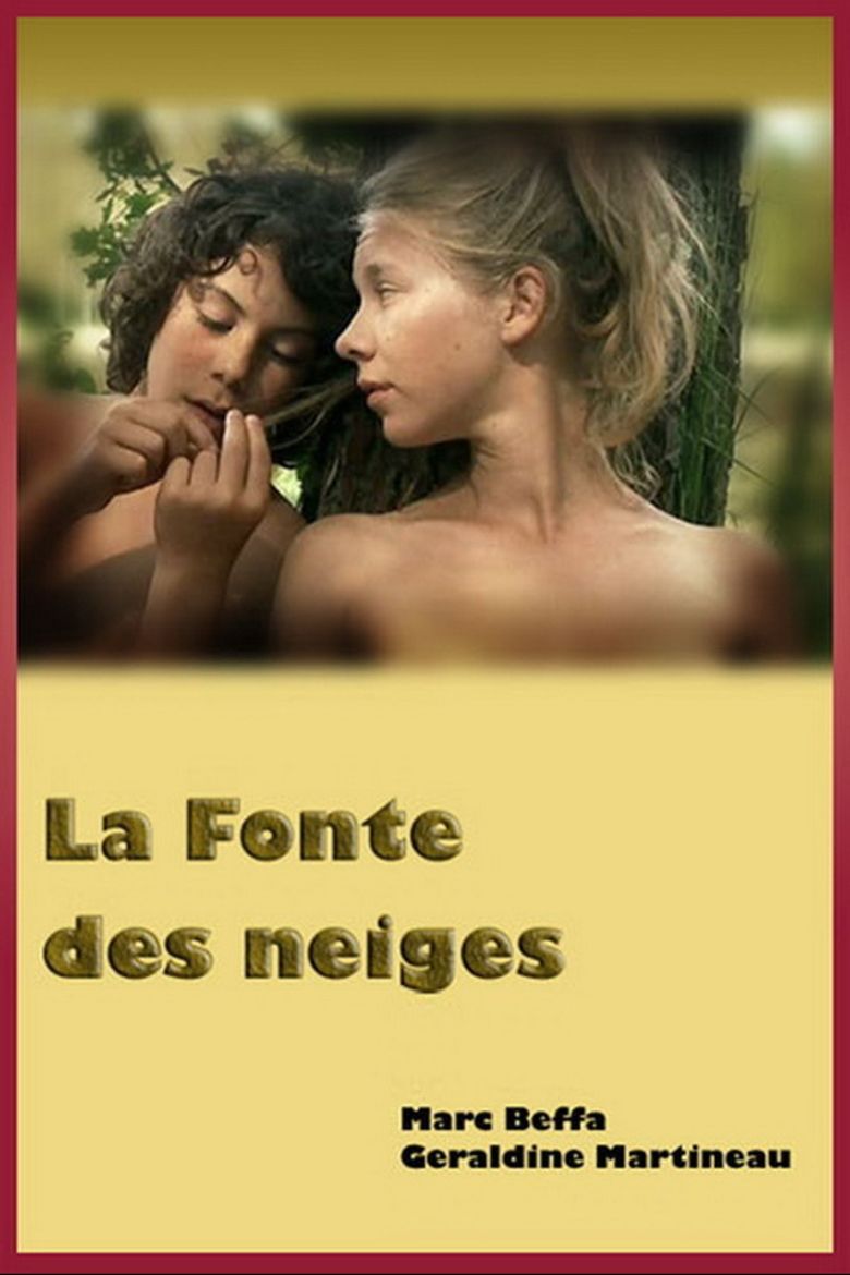 Movie poster of La Fonte des Neiges, a 2009 short comedy-drama film starring Marc Beffa and Géraldine Martineau leaning on a tree while topless.