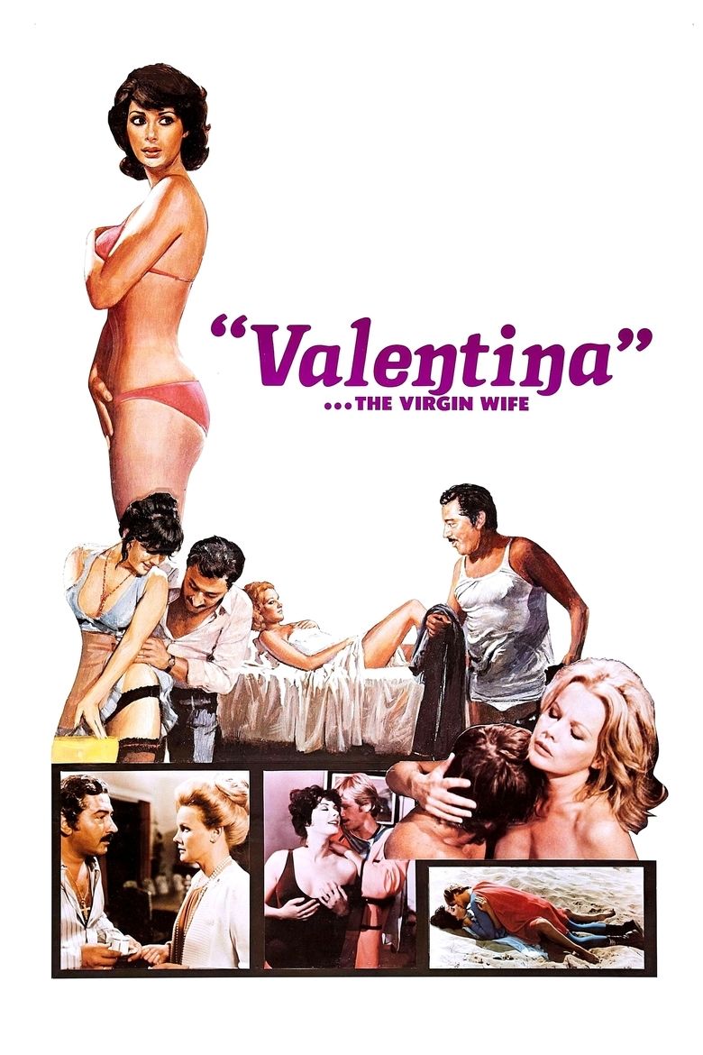 Carroll Baker, Edwige Fenech, Ray Lovelock, and Renzo Montagnani in the movie poster of the 1975 film, La moglie vergine, internationally released as At Last, at Last