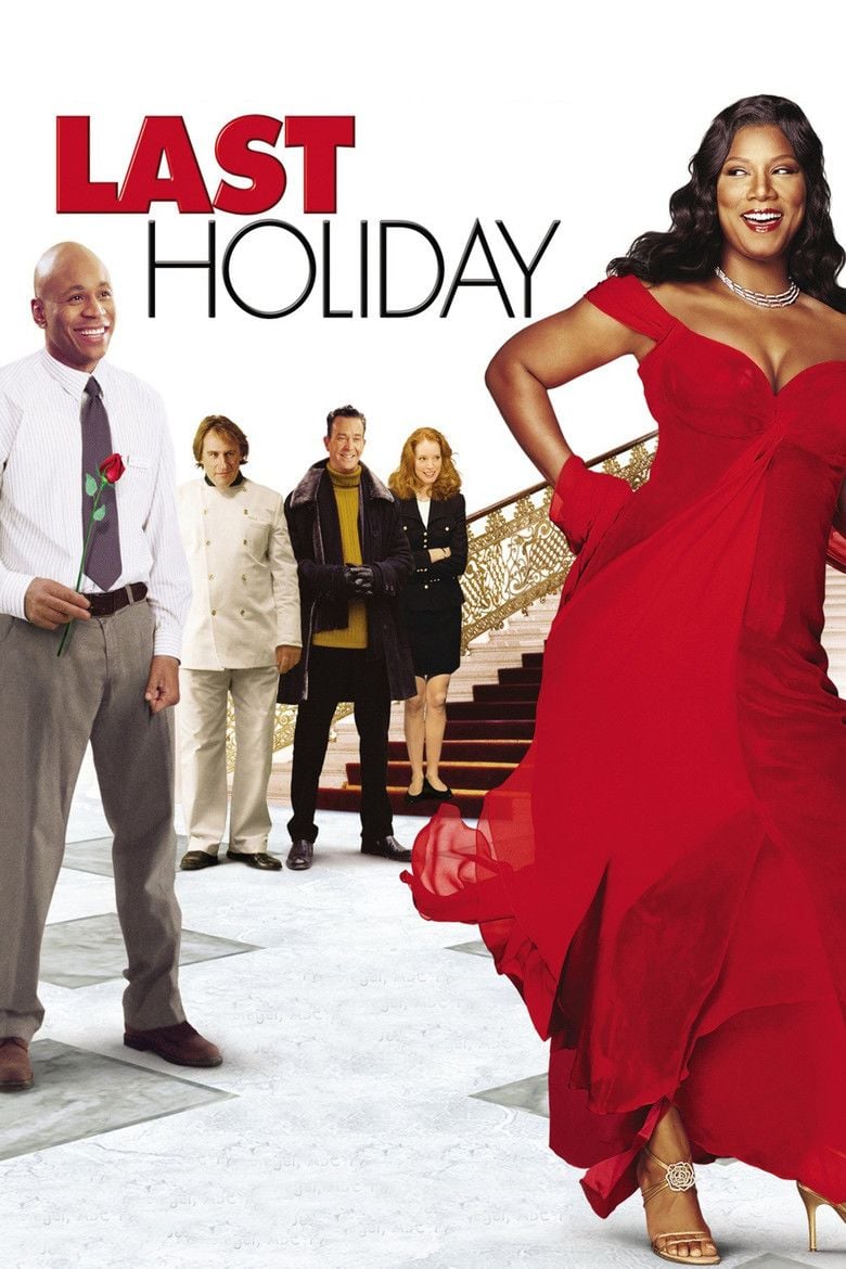 The movie poster of Last Holiday (2006 film), on a white background is the title Last Holiday written on top and a white staircase with red carpet and gold railings	, from left LL Cool J is smiling, standing, holding a rose with his right hand, he has bald head wearing a white long sleeve polo with gray necktie, a black belt, and gray pants with brown shoes, 2nd from left, Gérard Depardieu is serious, standing, in front of a staircase, he has brown hair wearing a white chef coat, pants and black shoes, 3rd from left, Matt Ross is happy, standing with his hands clasped he has black hair wearing a black gloves, a yellow shirt under a black coat, a black pants and a black shoes, 4th from left, Alicia Witt is smiling, standing with hands crossed she has curly long blond hair wearing a white shirt under a black coat, black bracelet and a black skirt with black shoes, at the right, Queen Latifah is happy, standing with her hands on her waist, she has long black curly hair, wearing a silver necklace and a red long dress with a gold high heels.