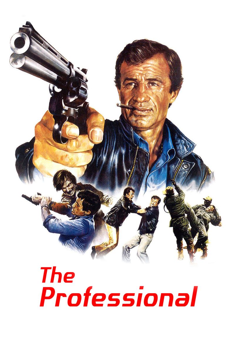 Movie poster of  Le Professionnel, a 1981 French action thriller film starring Jean-Paul Belmondo as Josselin Beaumont dit 'Joss' smoking and holding a gun.