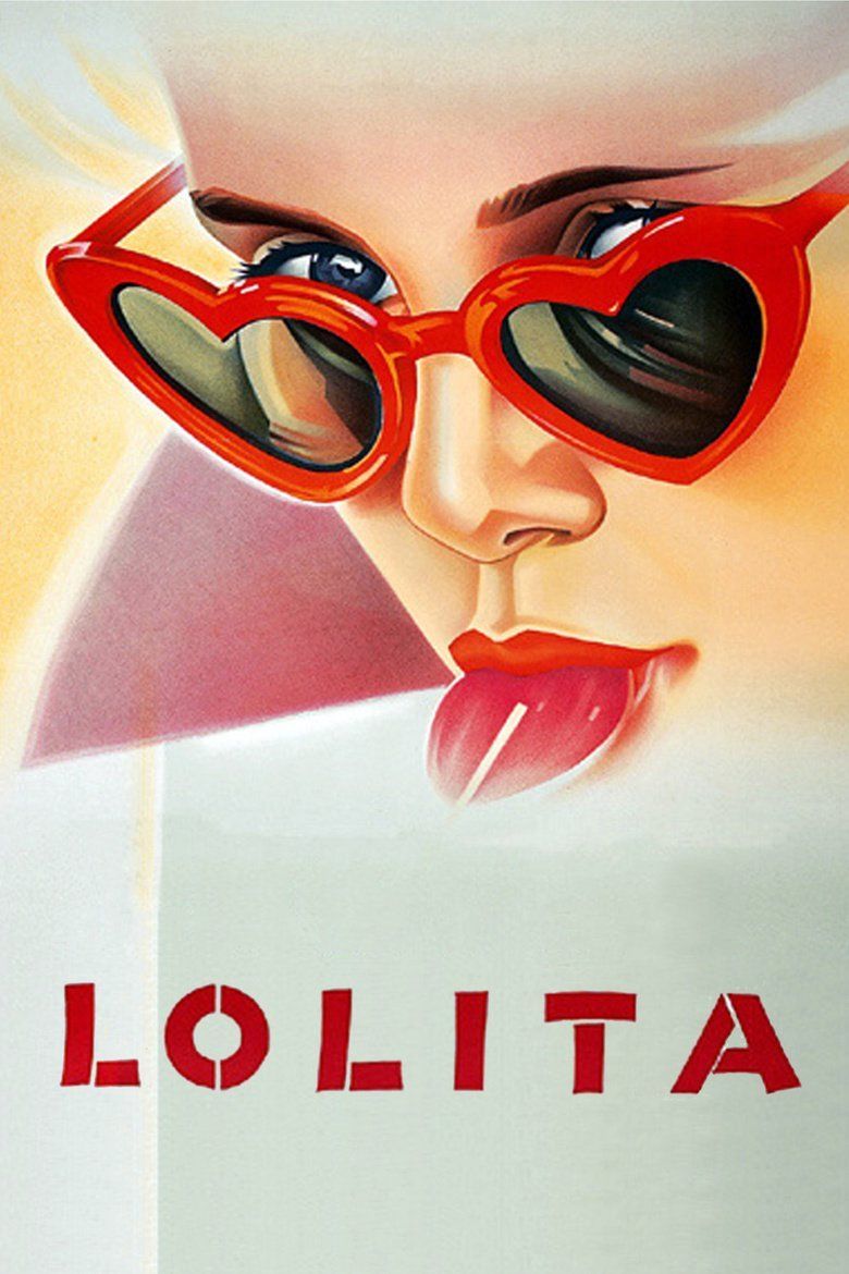 Movie poster of Lolita, a 1962 psychological comedy-drama film featuring a girl licking a lollipop and wearing heart-shaped sunglasses.