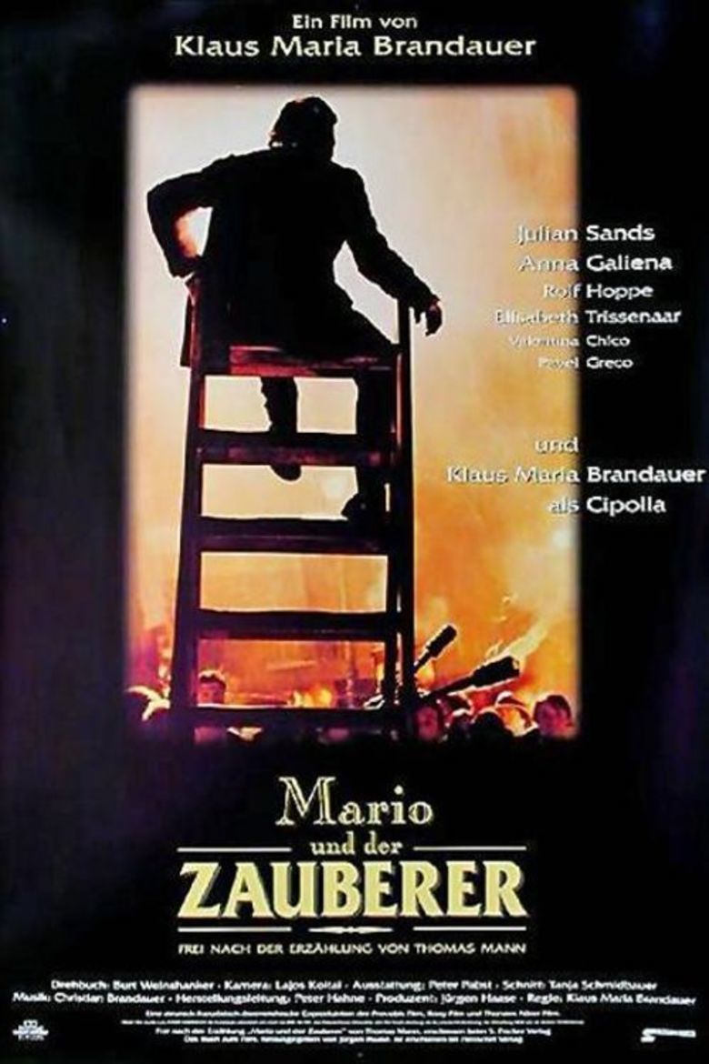 A man sitting on the ladder in the movie poster of the 1994 film Mario and the Magician
