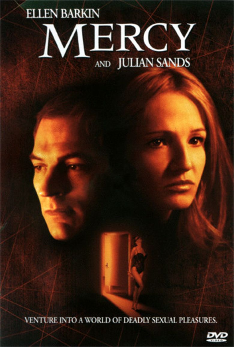 A movie poster of the 2000 film "Mercy" starring Ellin Barkin as Det. Cathy Palmer and Julian Sands as Dr. Dominick Broussard