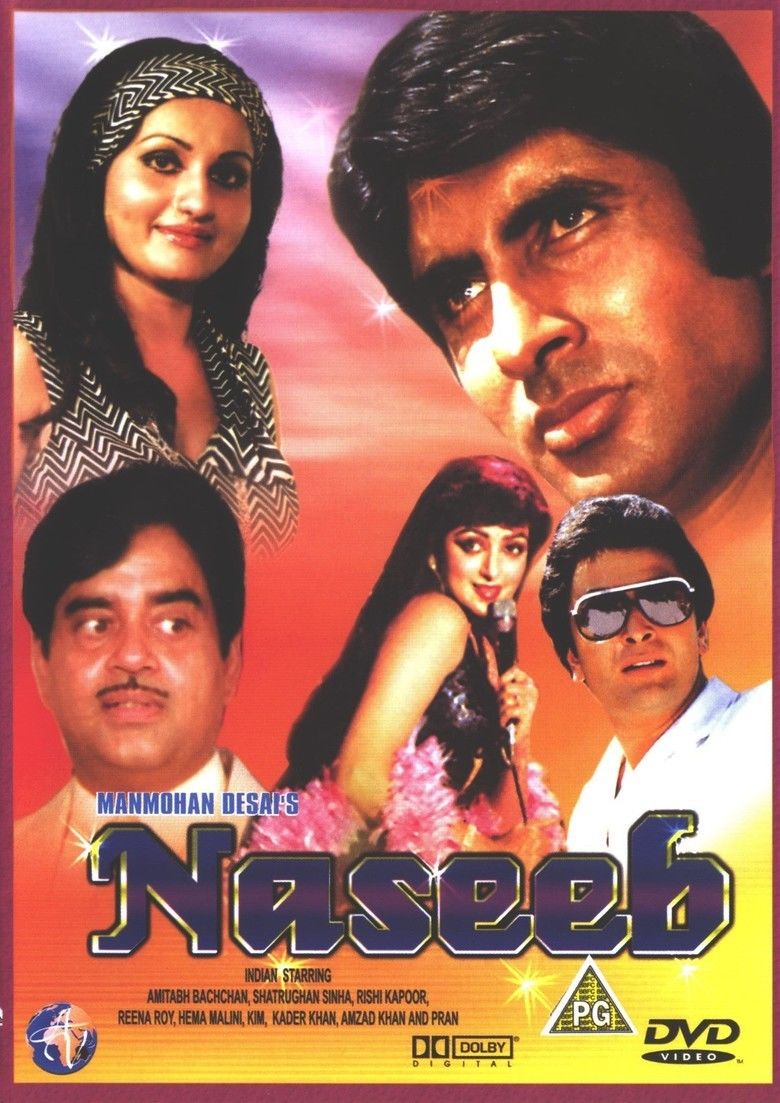 Amitabh Bachchan, Reena Roy, Hema Malini, Rishi Kapoor, and Shatrughan Sinha in the movie poster of the 1981 action comedy film, Naseeb