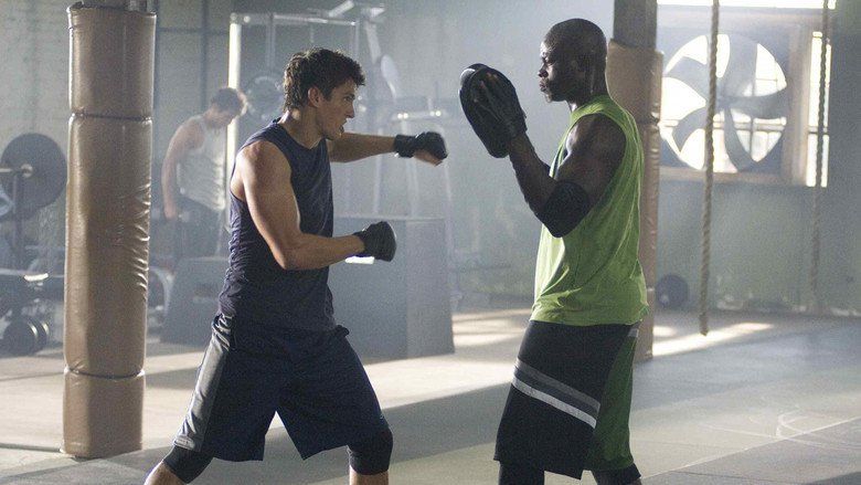 Sean Faris (front left), Djimon Hounsou (front right) seriously practicing martial arts with a man and gym equipment in the background in a scene of the 2008 American martial arts film “Never Back Down”. Sean is furiously looking at Muay Thai boxing gloves, he has black hair wearing black gloves, a navy blue off-sleeve shirt, black cycling under a black short while Djimon is holding Muay Thai boxing gloves in his left hand, he is bald and has a beard and mustache, wearing an armband on his left arm, a green off-sleeve shirt and  black cycling under a black short